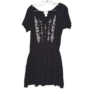 Braeve Womens Black Embroidered Boho Tassel Mini Dress‎ Smocked Waist Size M